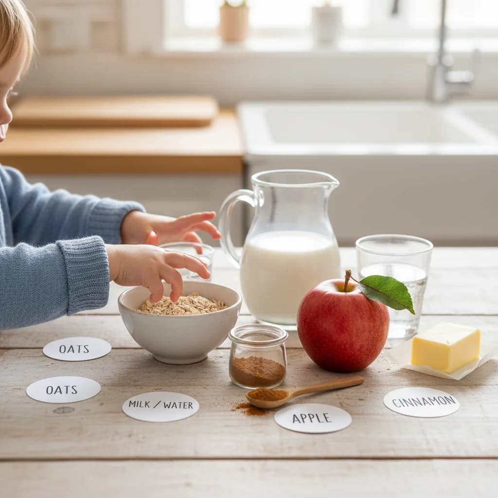 Step 1: Gather all ingredients: oats, water or milk, apple, cinnamon, and butter (if using). for Apple Cinnamon Cozy Oats