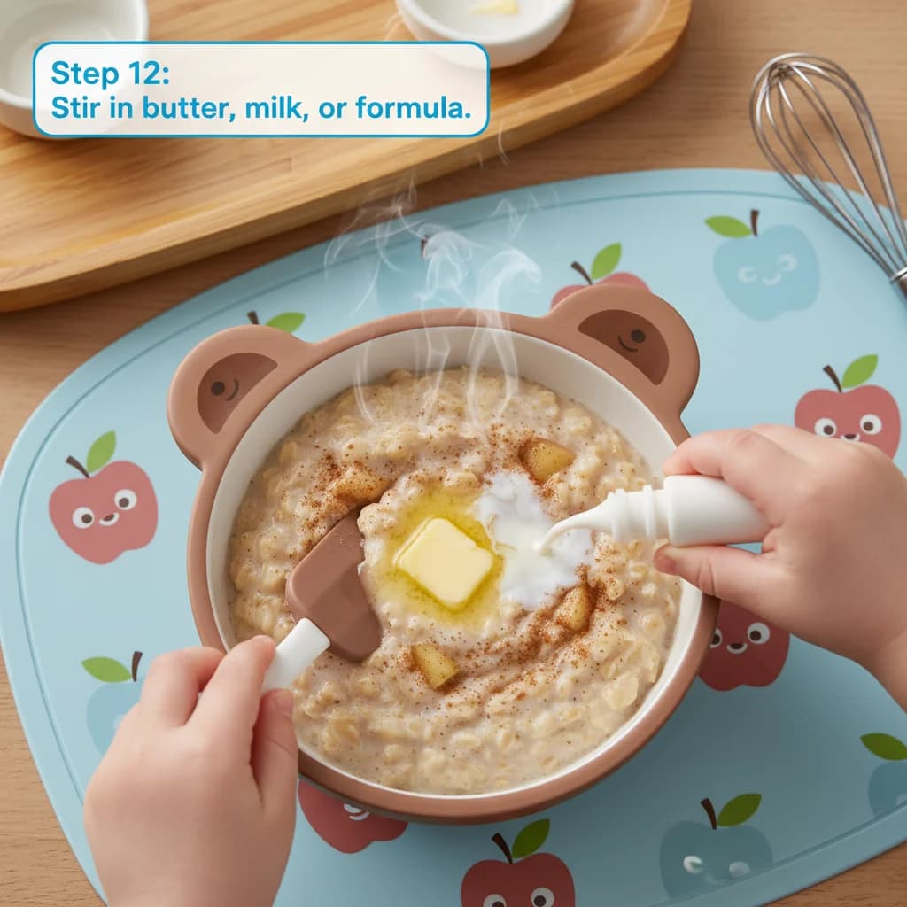 Step 12: If using, stir in the teaspoon of unsalted butter until melted and fully incorporated. Alternatively for Apple Cinnamon Cozy Oats