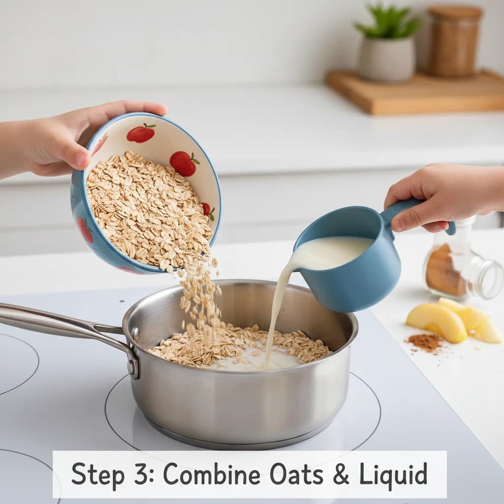 Step 3: In a small saucepan, combine the rolled oats (or quick oats) and water (or water and milk mixture). for Apple Cinnamon Cozy Oats