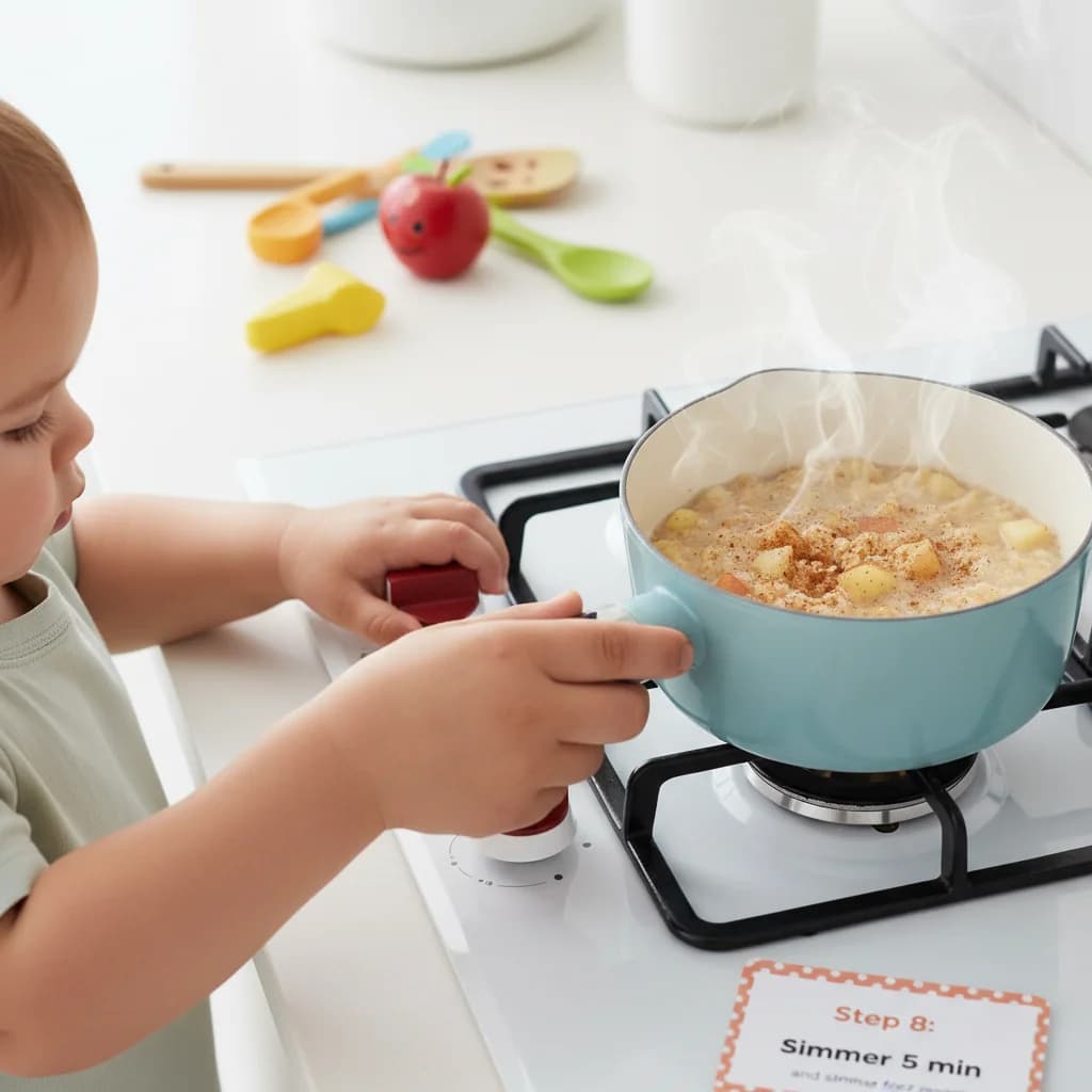 Step 8: Once boiling, reduce the heat to low and simmer for about 5 minutes (or according to oat package dir for Apple Cinnamon Cozy Oats