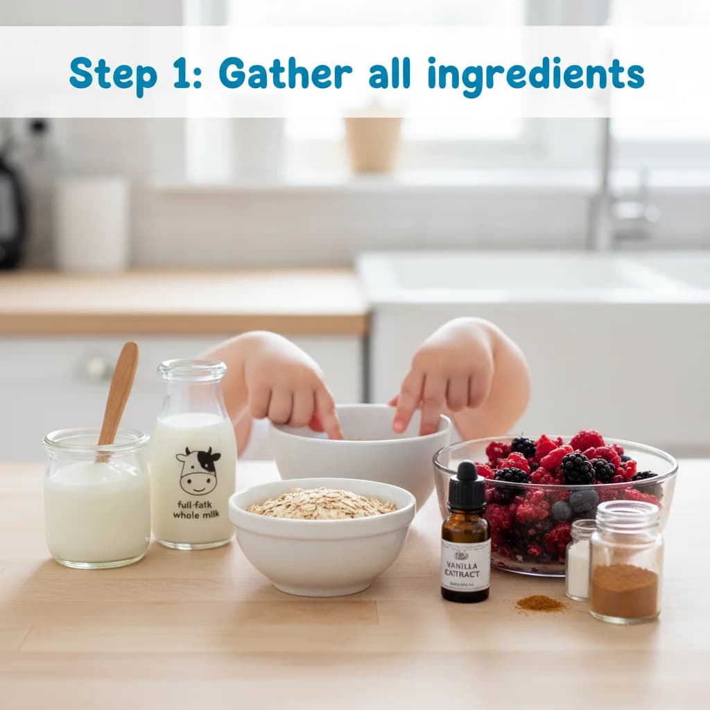 Step 1: Gather all ingredients: rolled oats, yogurt, milk, mashed berries, vanilla extract (optional), and c for Berry Yummy Overnight Oats