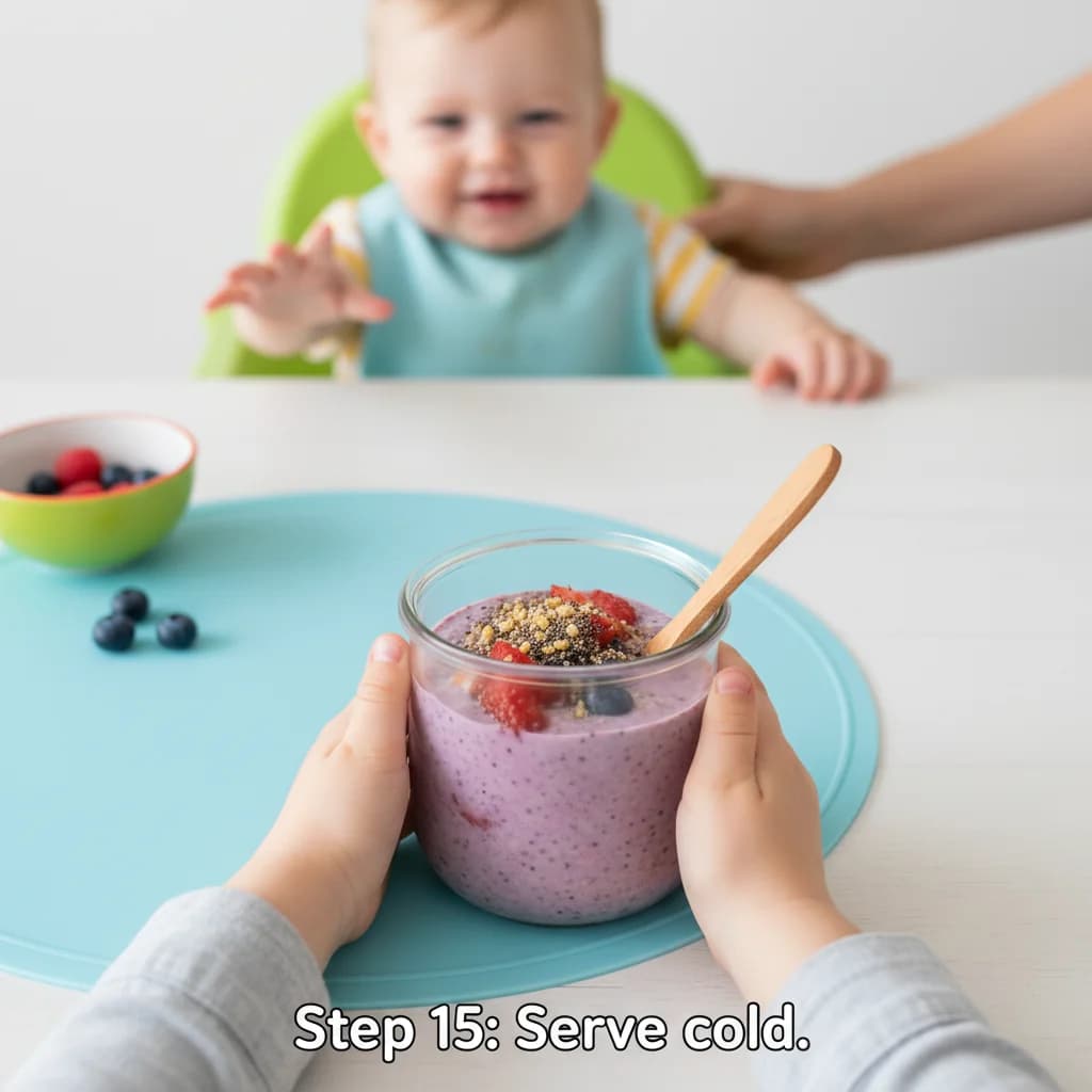 Step 15: Serve cold. Optionally top with a few extra very soft berry pieces or a sprinkle of finely crushed n for Berry Yummy Overnight Oats
