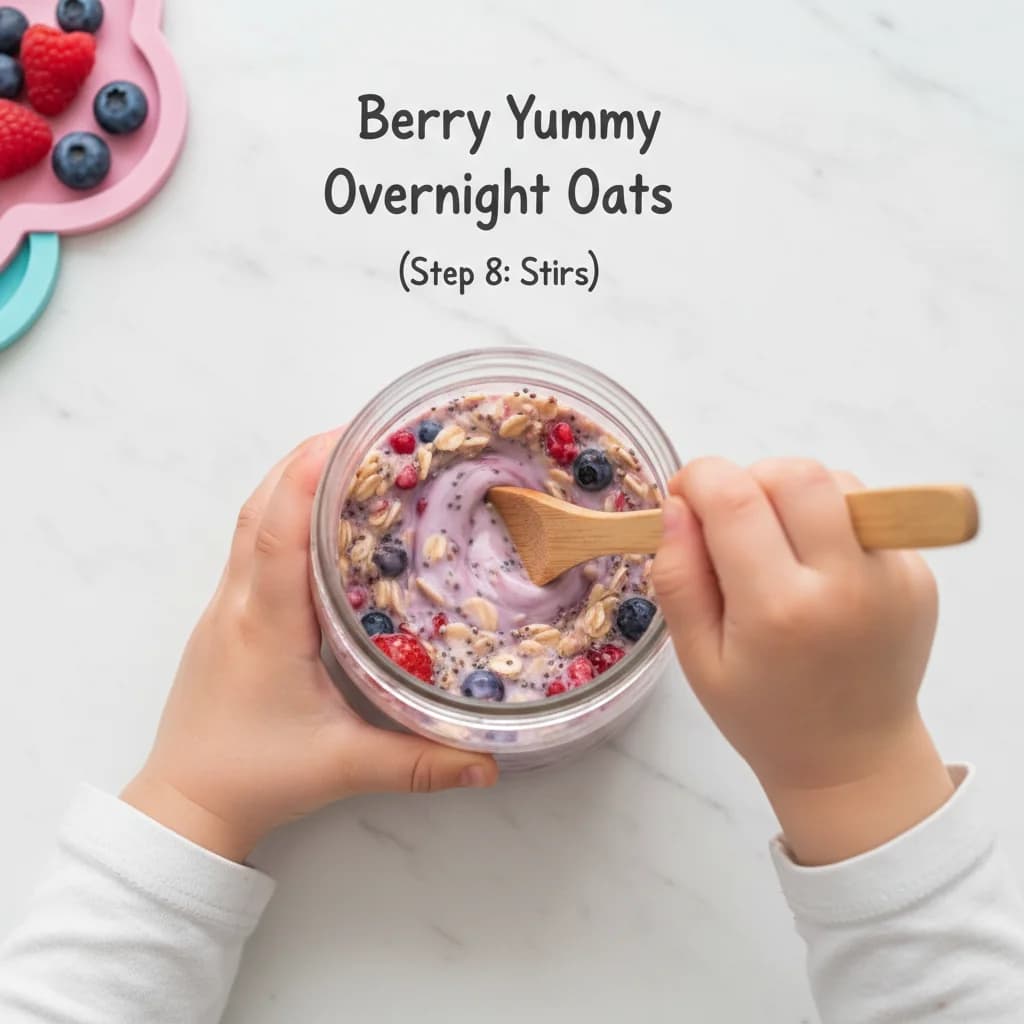 Step 8: Stir all the ingredients together thoroughly until well combined and the oats are fully submerged in for Berry Yummy Overnight Oats