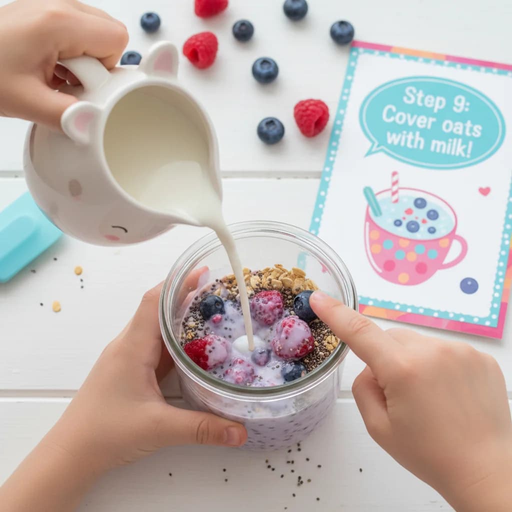 Step 9: Ensure all the oats are covered by the liquid. Add a little extra milk if needed. for Berry Yummy Overnight Oats