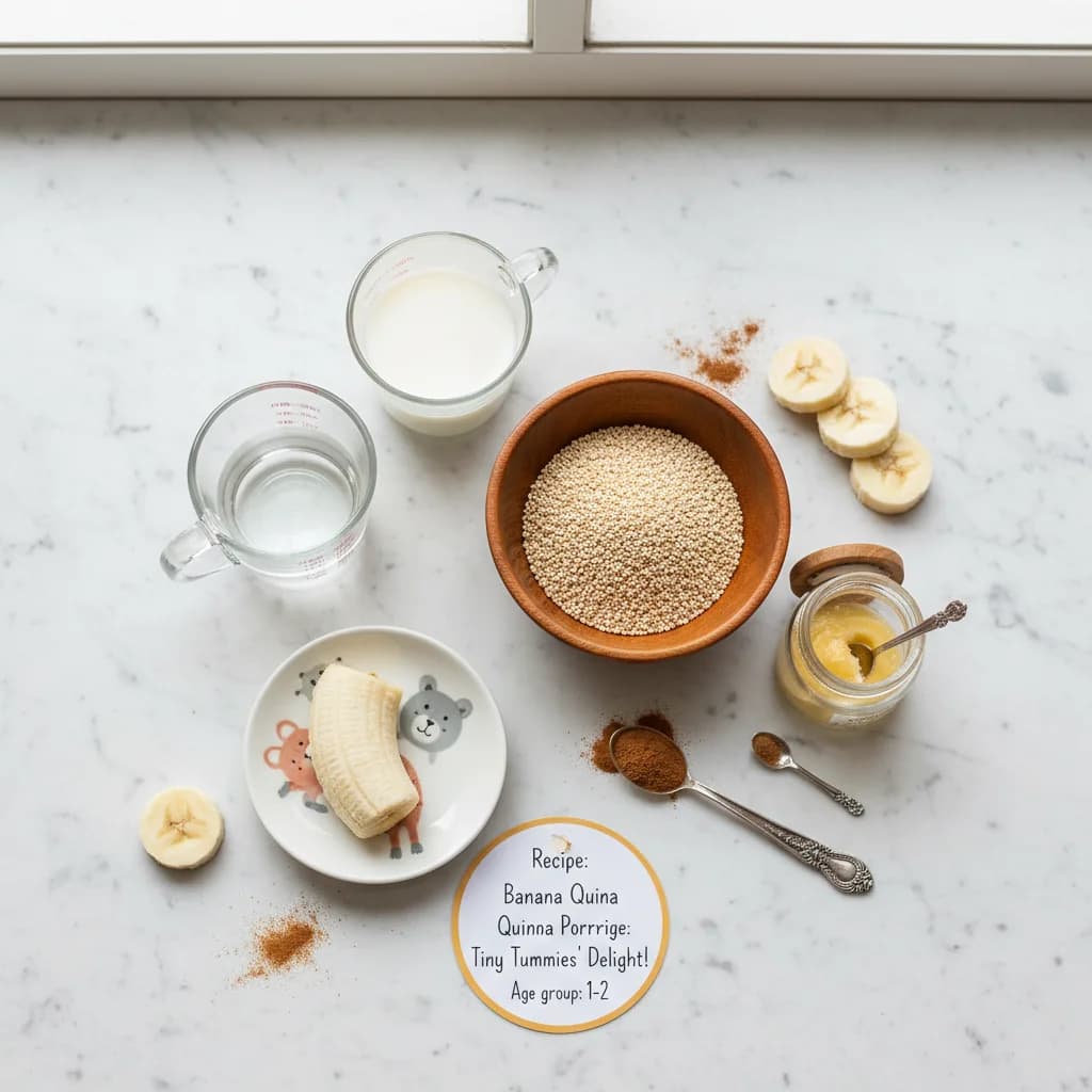 All ingredients needed for Banana Quinoa Porridge: Tiny Tummies' Delight! arranged on a clean surface