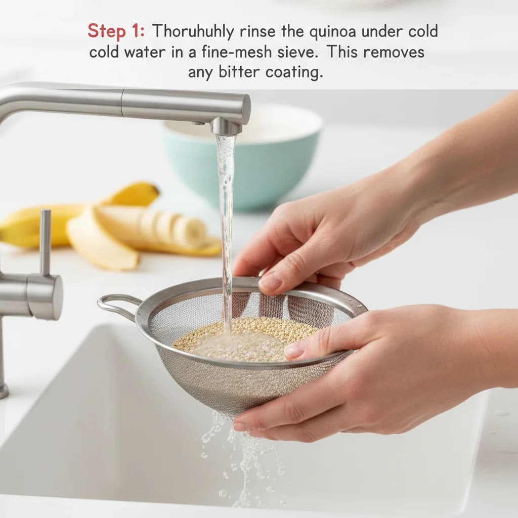 Step 1: Thoroughly rinse the quinoa under cold water in a fine-mesh sieve. This removes any bitter coating. for Banana Quinoa Porridge: Tiny Tummies' Delight!