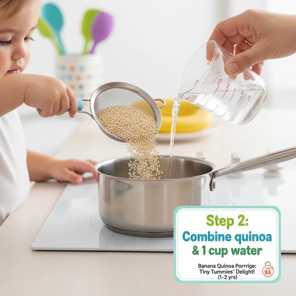 Step 2: In a small saucepan, combine the rinsed quinoa and 1 cup of water. for Banana Quinoa Porridge: Tiny Tummies' Delight!