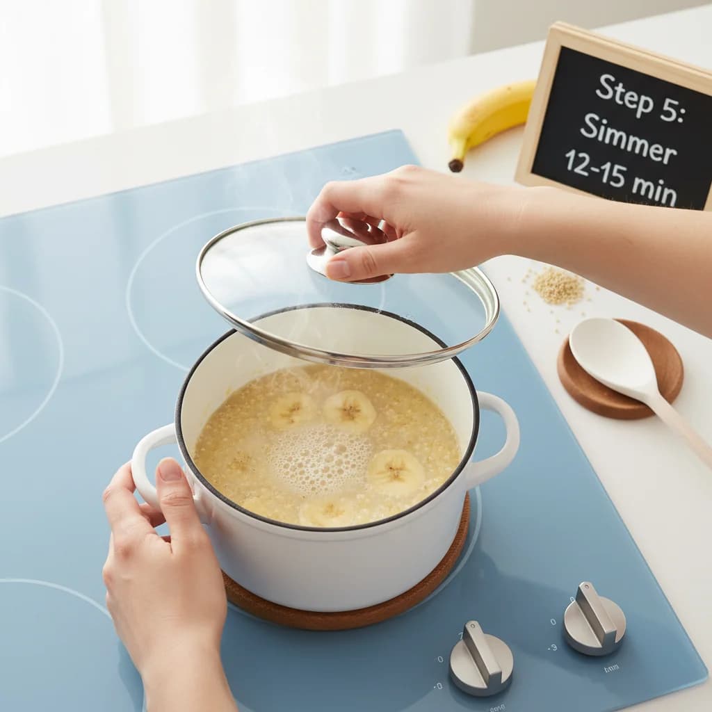 Step 5: Once boiling, reduce the heat to low, cover the saucepan, and simmer for 12-15 minutes. for Banana Quinoa Porridge: Tiny Tummies' Delight!