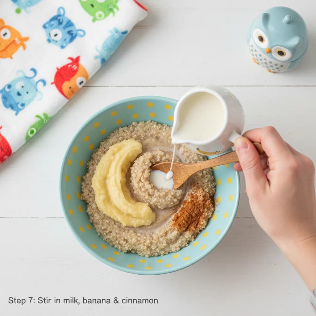 Step 7: Once the quinoa is tender, stir in the milk (or additional water), mashed banana, and cinnamon. for Banana Quinoa Porridge: Tiny Tummies' Delight!