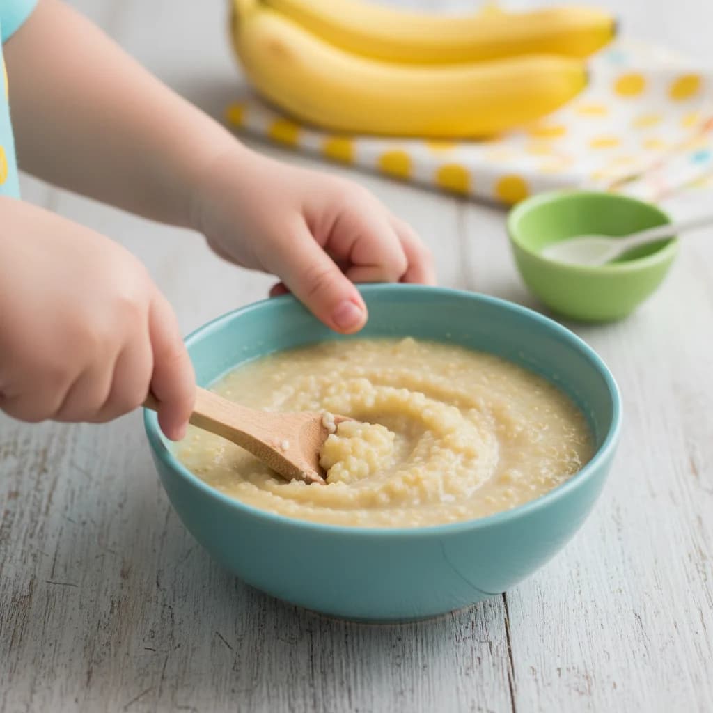 Step 9: Stir until the mixture reaches a creamy, porridge-like consistency. Mash any remaining small banana for Banana Quinoa Porridge: Tiny Tummies' Delight!