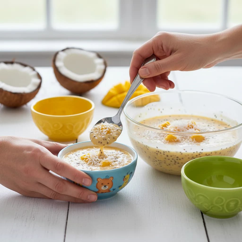 Step 13: Spoon the chia pudding into small bowls suitable for toddlers. for Mango Coconut Chia Pudding (Tiny Tummies Delight!)