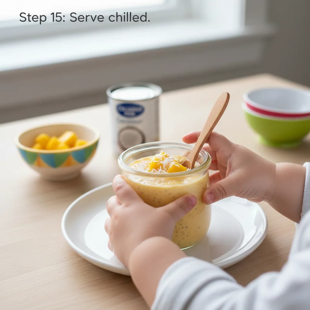 Step 15: Serve chilled. For younger toddlers, blend the pudding slightly for a smoother texture if needed. for Mango Coconut Chia Pudding (Tiny Tummies Delight!)