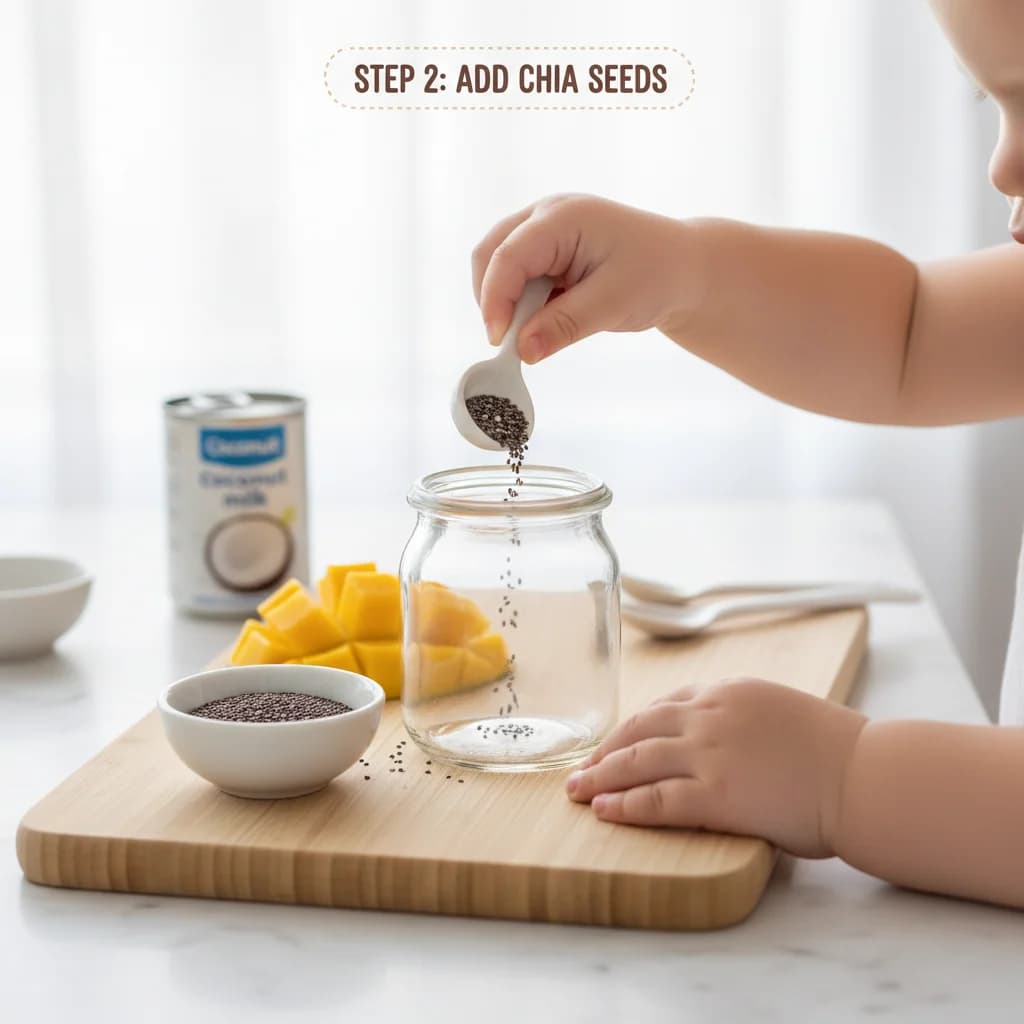 Step 2: In a small bowl or jar, add the chia seeds. for Mango Coconut Chia Pudding (Tiny Tummies Delight!)