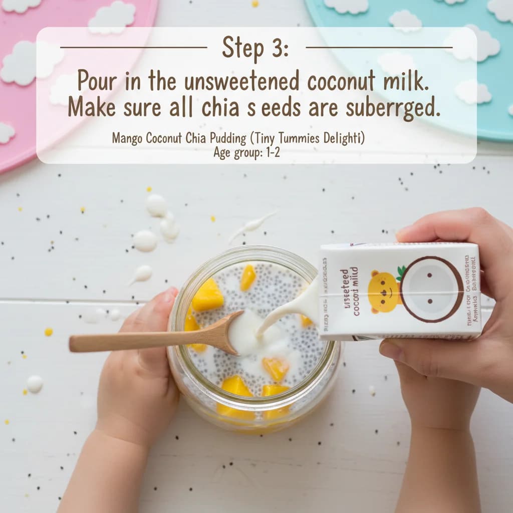 Step 3: Pour in the unsweetened coconut milk. Make sure all chia seeds are submerged. for Mango Coconut Chia Pudding (Tiny Tummies Delight!)