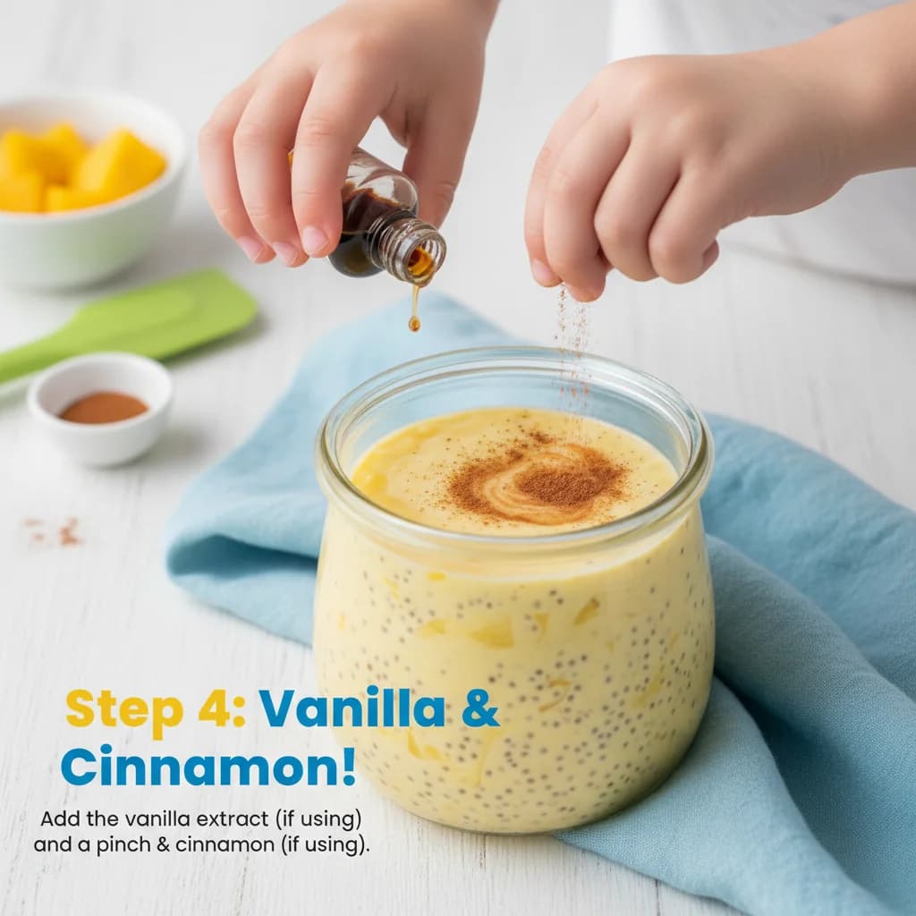 Step 4: Add the vanilla extract (if using) and a pinch of cinnamon (if using). for Mango Coconut Chia Pudding (Tiny Tummies Delight!)