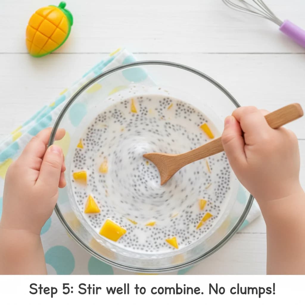 Step 5: Stir well to combine the chia seeds and coconut milk mixture. Ensure no chia seeds are clumped toget for Mango Coconut Chia Pudding (Tiny Tummies Delight!)