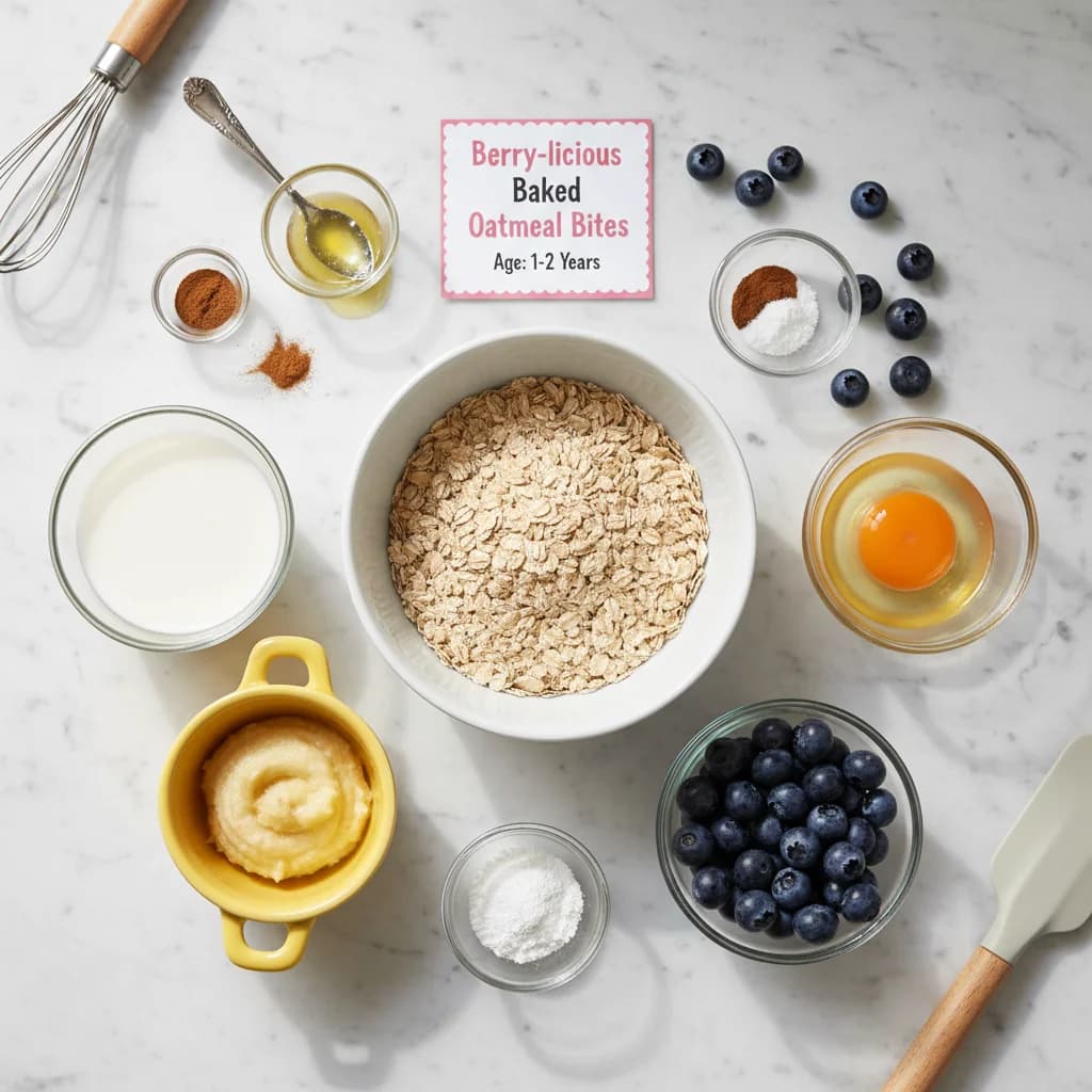 All ingredients needed for Berry-licious Baked Oatmeal Bites arranged on a clean surface