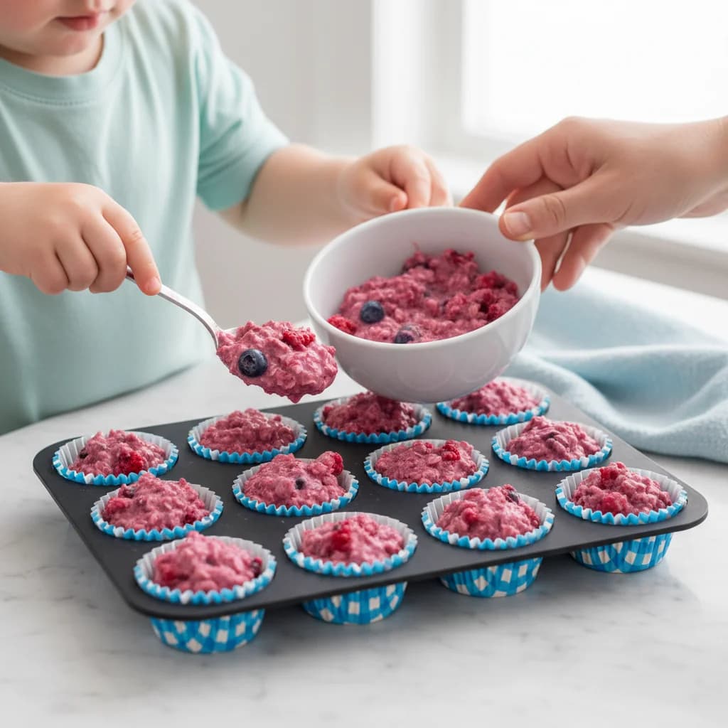 Step 10: Spoon the oatmeal mixture into the prepared mini muffin cups, filling them to the top. for Berry-licious Baked Oatmeal Bites