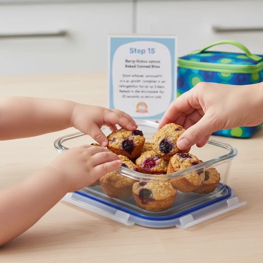 Step 15: Store leftover oatmeal cups in an airtight container in the refrigerator for up to 3 days. Reheat in for Berry-licious Baked Oatmeal Bites