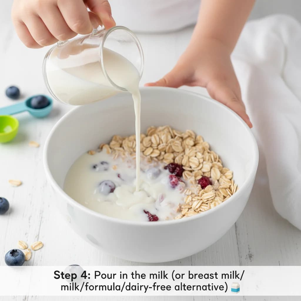 Step 4: Pour in the milk (or breast milk/formula/dairy-free alternative) to the bowl with the oats. for Berry-licious Baked Oatmeal Bites