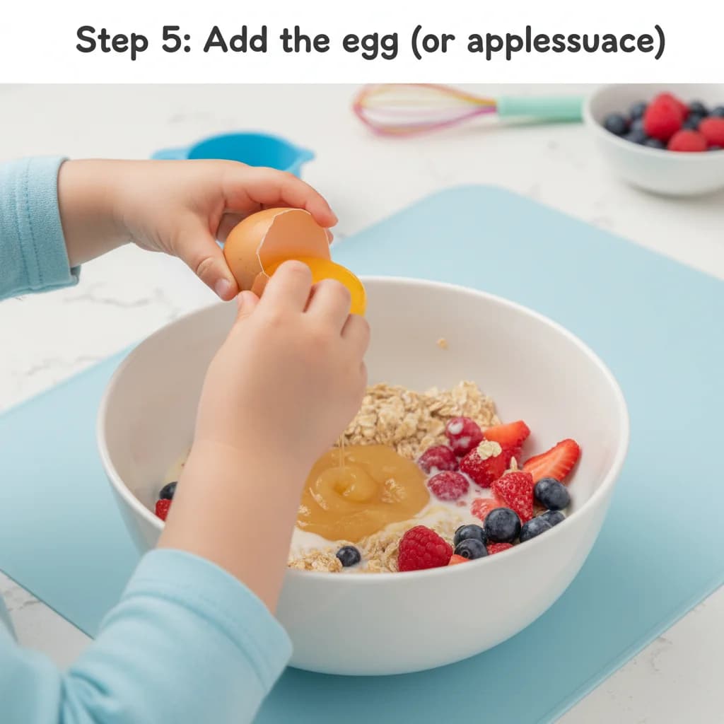 Step 5: Add the egg (or applesauce if making egg-free) to the bowl. for Berry-licious Baked Oatmeal Bites