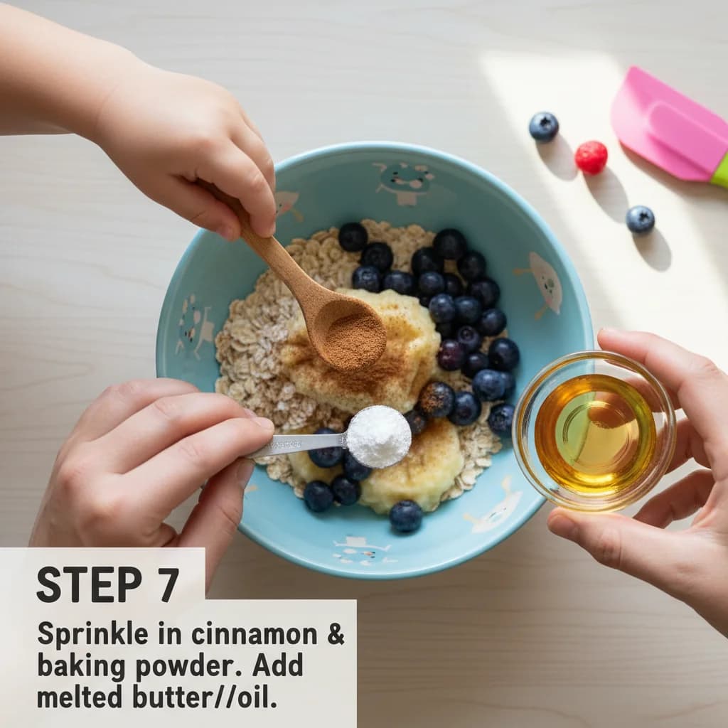 Step 7: Sprinkle in the ground cinnamon and baking powder. Add the melted butter or coconut oil if using. for Berry-licious Baked Oatmeal Bites