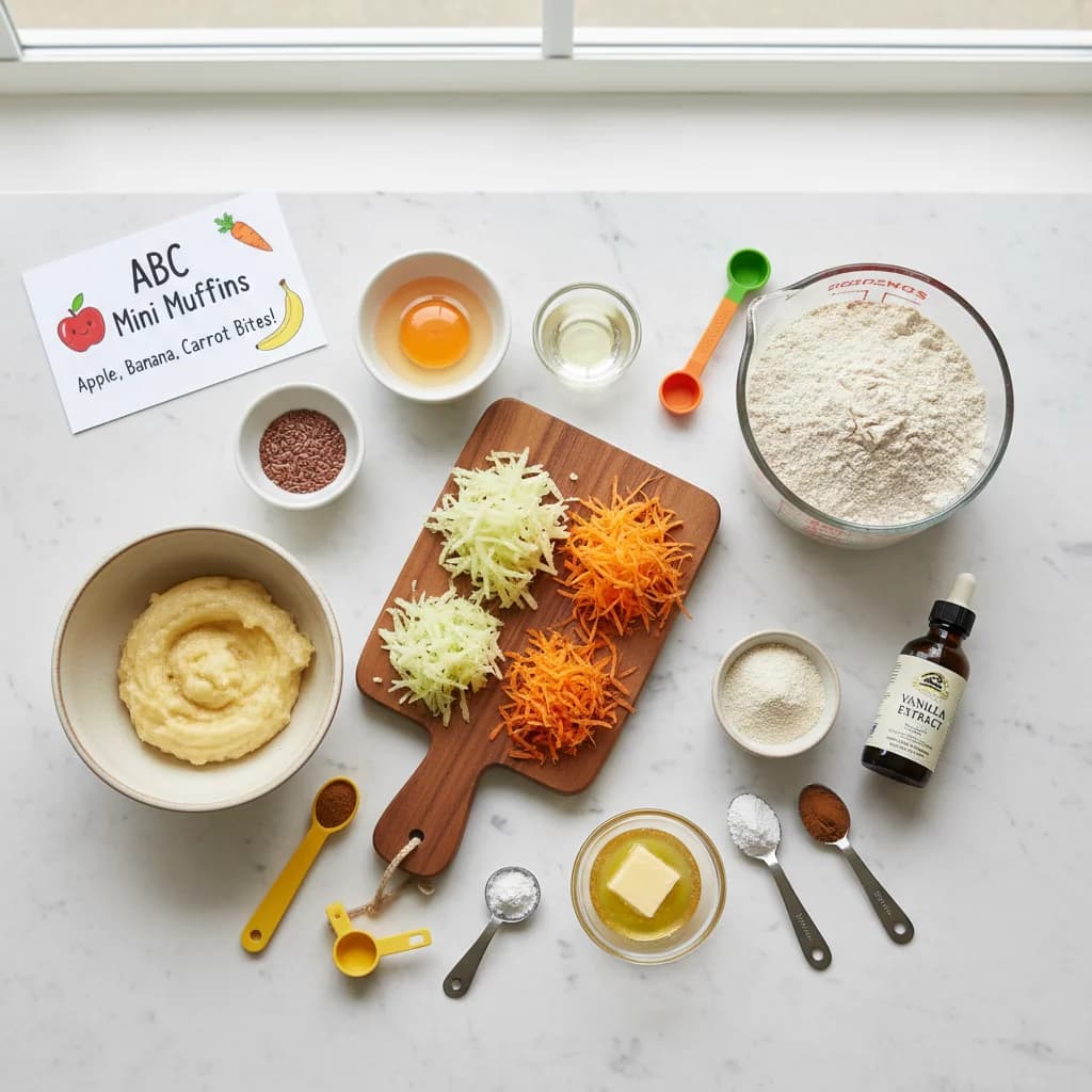 All ingredients needed for ABC Mini Muffins: Apple, Banana, Carrot Bites! arranged on a clean surface