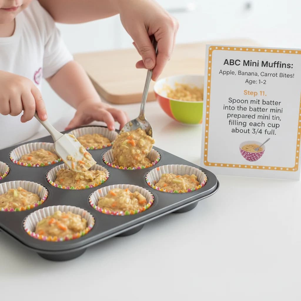 Step 11: Spoon the batter into the prepared mini muffin tin, filling each cup about 3/4 full. for ABC Mini Muffins: Apple, Banana, Carrot Bites!