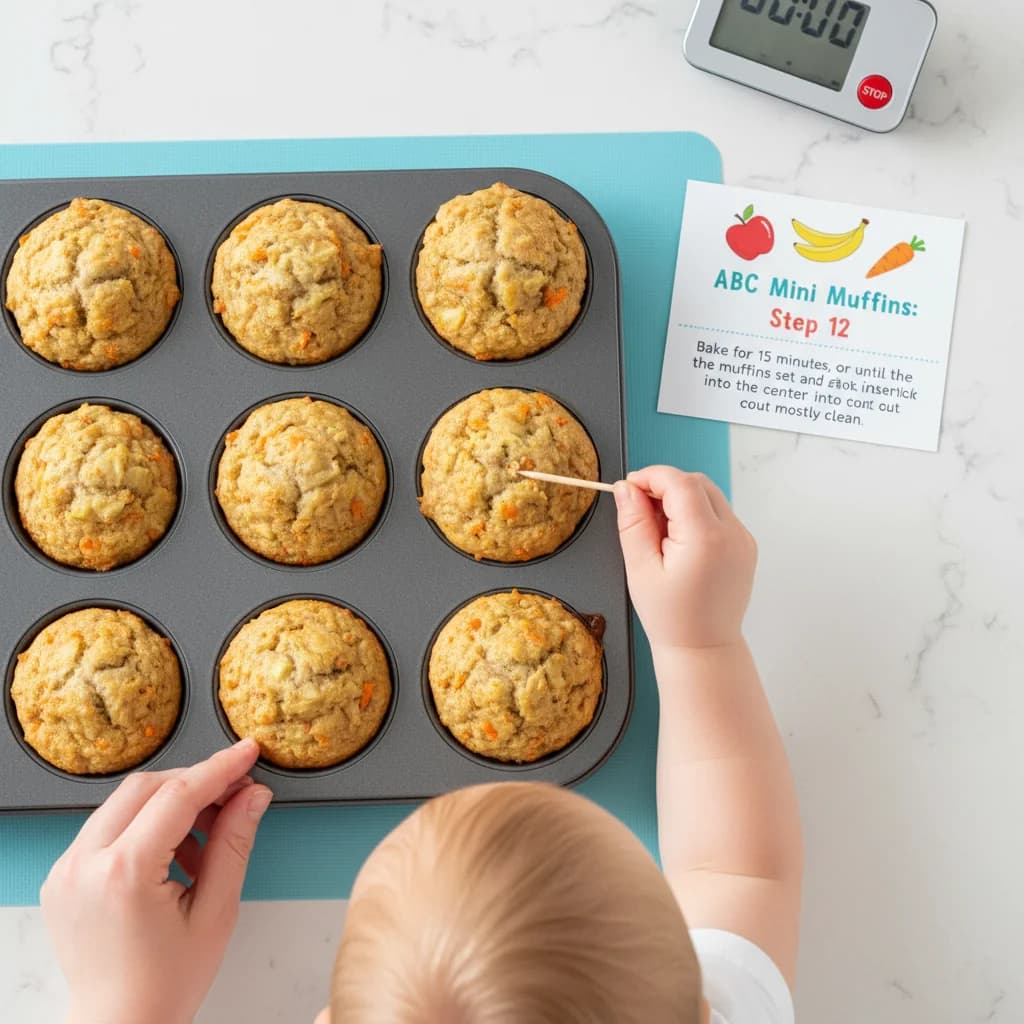 Step 12: Bake for 15 minutes, or until the muffins are set and a toothpick inserted into the center comes out for ABC Mini Muffins: Apple, Banana, Carrot Bites!
