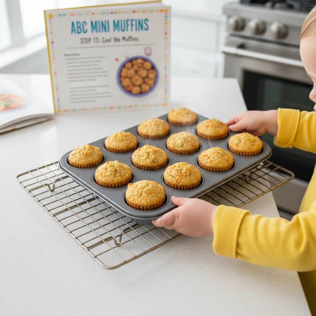 Step 13: Remove the muffin tin from the oven and let the muffins cool in the tin for a few minutes. for ABC Mini Muffins: Apple, Banana, Carrot Bites!