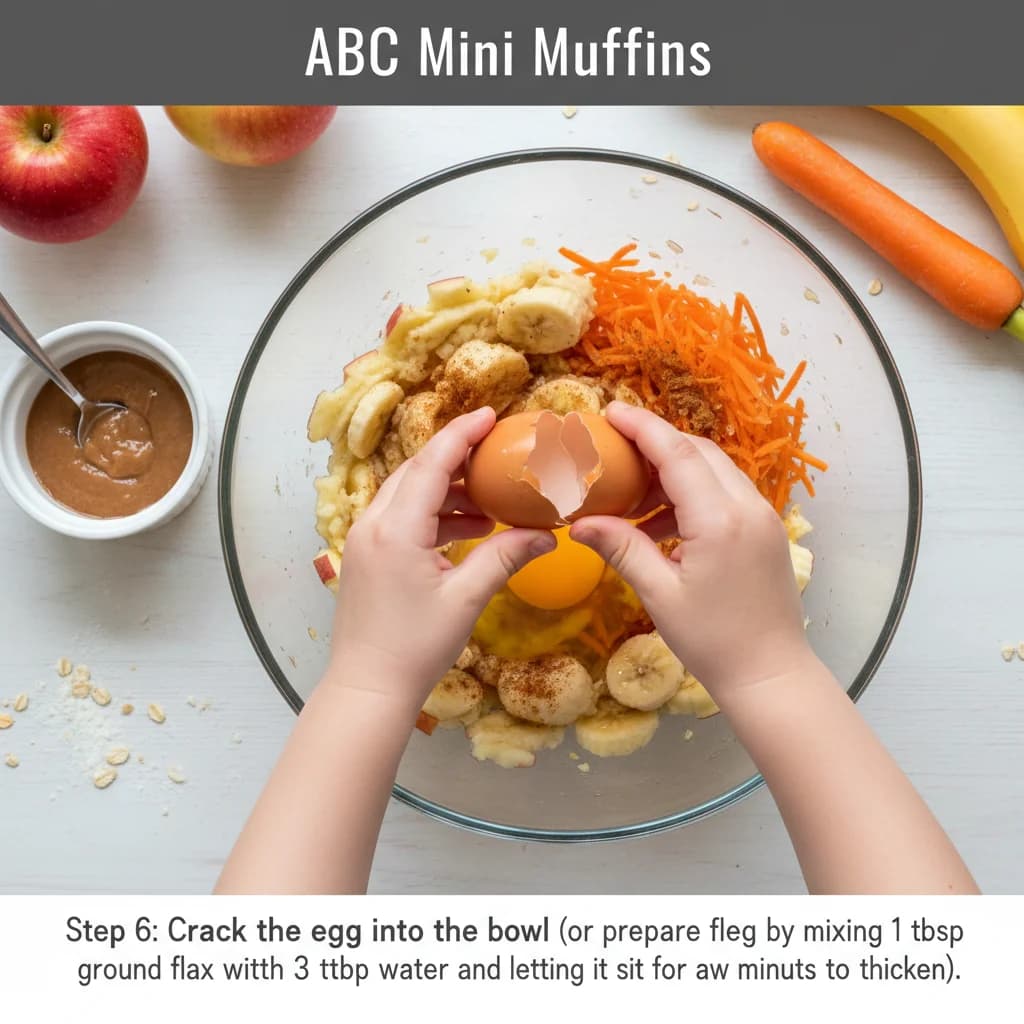Step 6: Crack the egg into the bowl (or prepare flax egg by mixing 1 tbsp ground flax with 3 tbsp water and for ABC Mini Muffins: Apple, Banana, Carrot Bites!