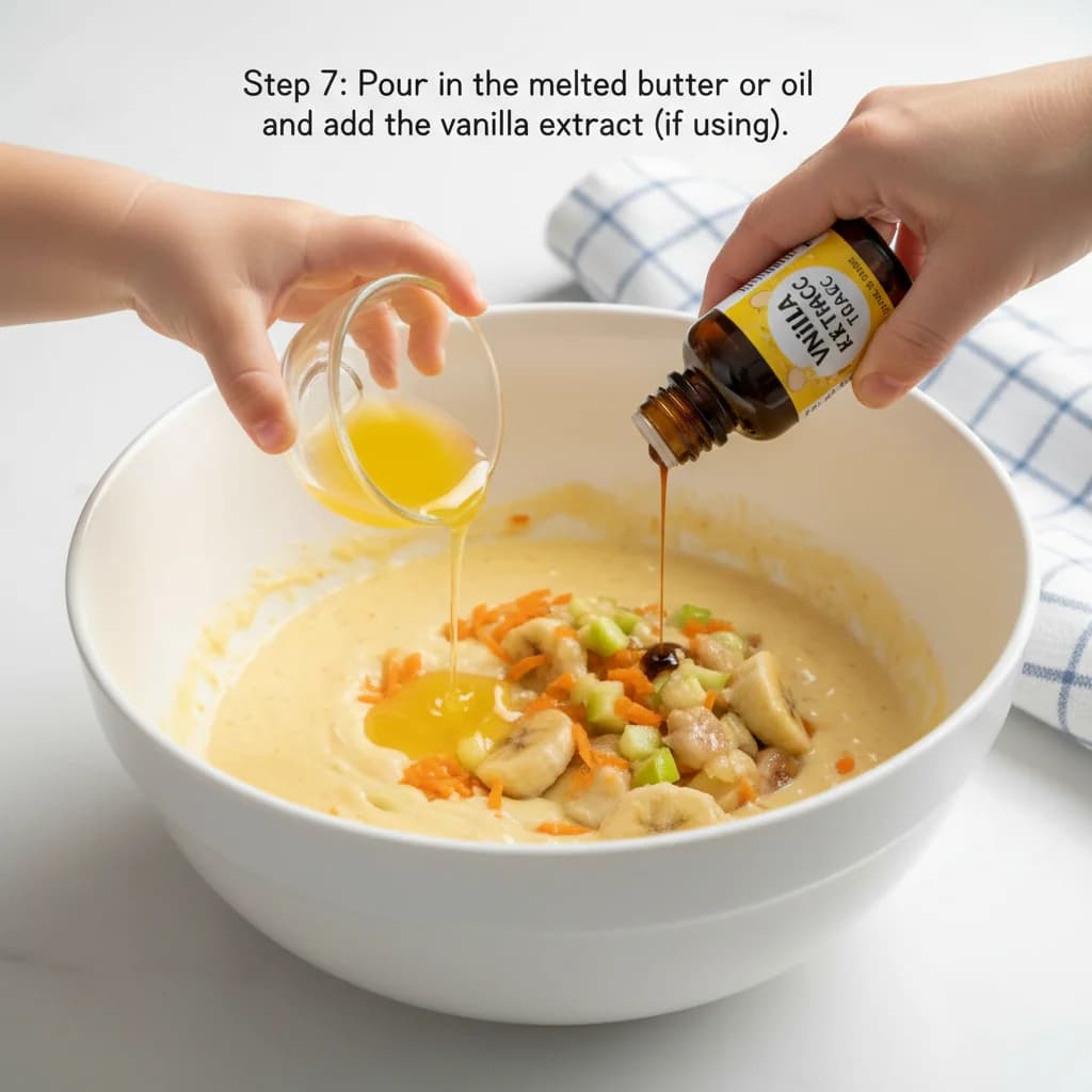 Step 7: Pour in the melted butter or oil and add the vanilla extract (if using). for ABC Mini Muffins: Apple, Banana, Carrot Bites!