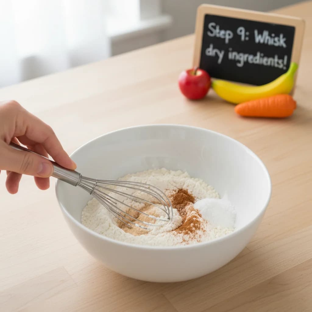 Step 9: In a separate bowl, whisk together the flour, baking powder, baking soda, and cinnamon. for ABC Mini Muffins: Apple, Banana, Carrot Bites!