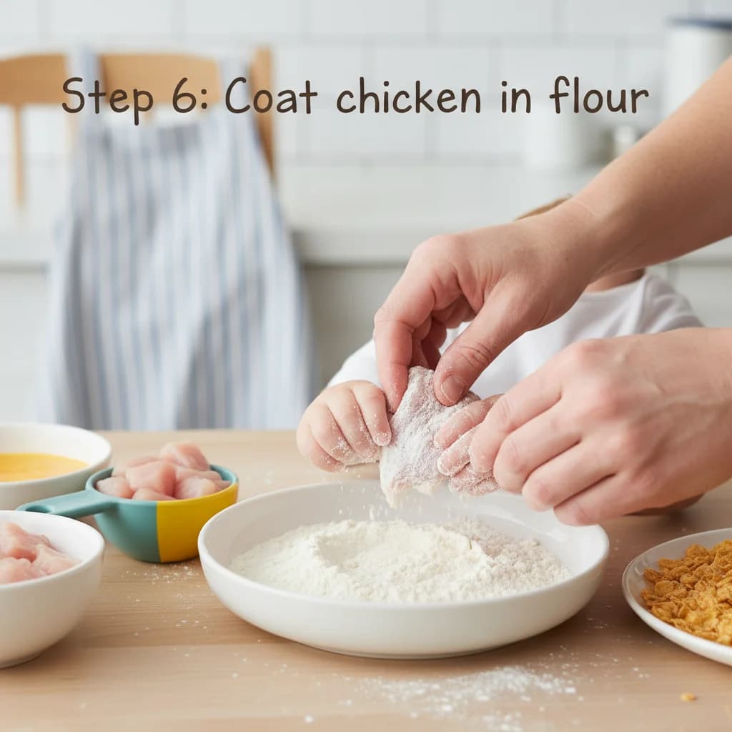 Step 6: If using flour, lightly coat each chicken piece in flour, shaking off any excess. This helps the egg for Cheeky Chicken Bites (Baked)
