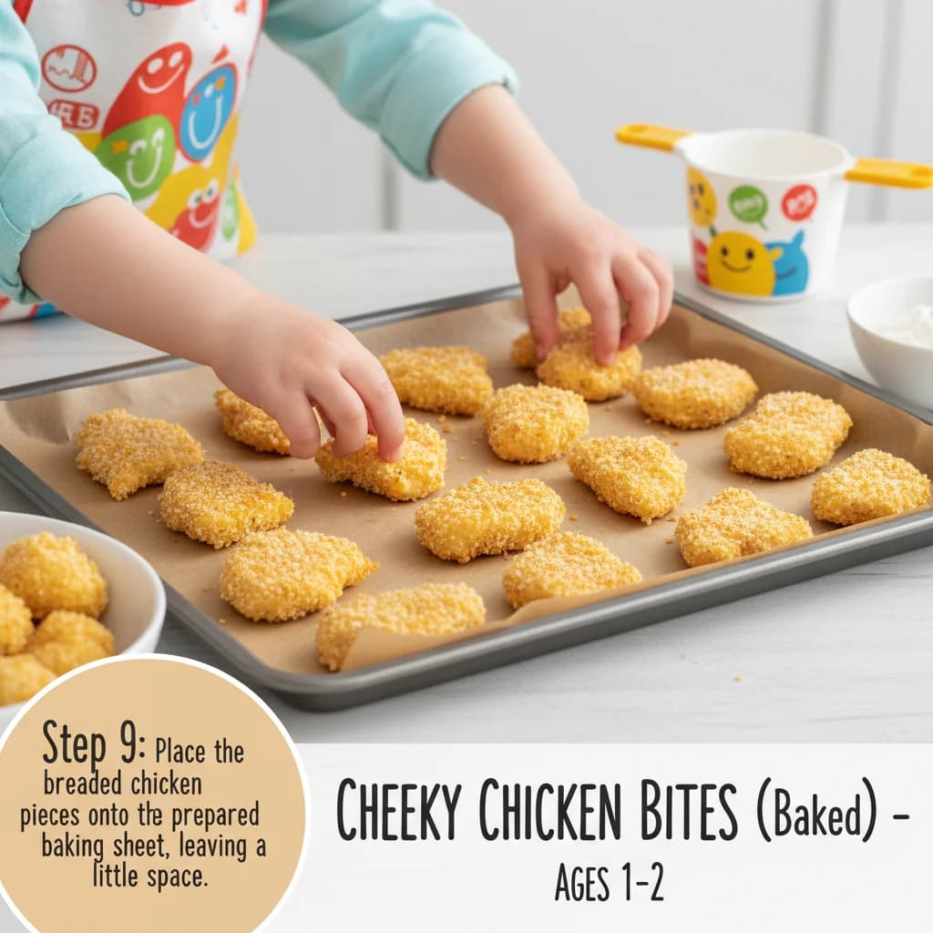 Step 9: Place the breaded chicken pieces onto the prepared baking sheet, leaving a little space between each for Cheeky Chicken Bites (Baked)