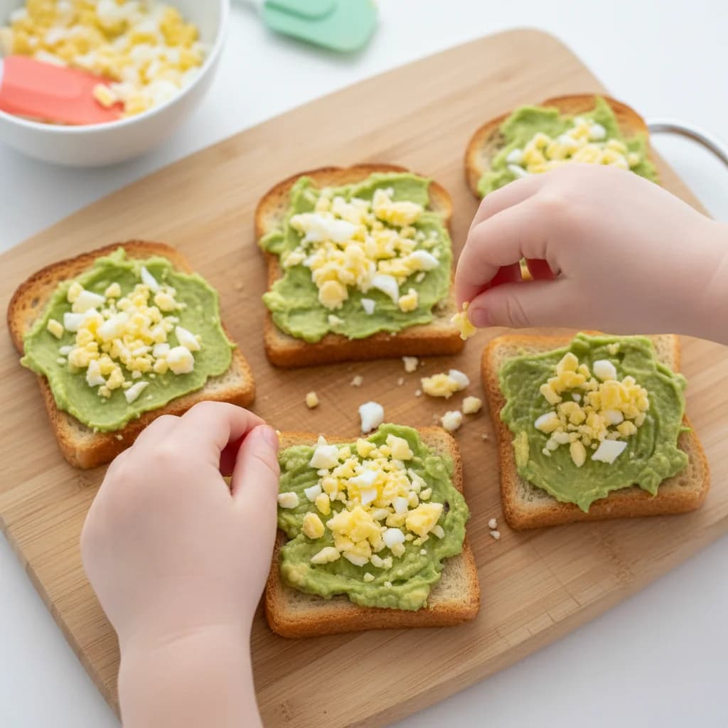Step 10: Step 9: Sprinkle the chopped egg (or scrambled egg) over the avocado-covered toast. for Avocado Egg Toast Bites