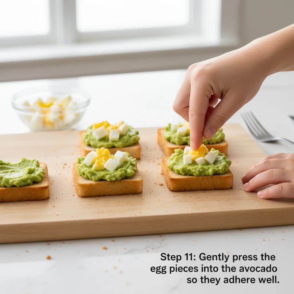 Step 11: Step 10: Gently press the egg pieces into the avocado so they adhere well. for Avocado Egg Toast Bites