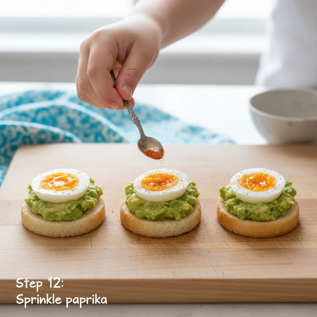 Step 12: Step 11: If using, sprinkle a tiny pinch of paprika over the top for a touch of flavor. for Avocado Egg Toast Bites