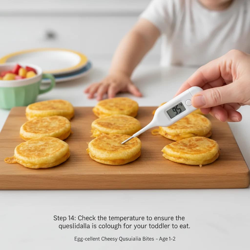 Step 14: Check the temperature to ensure the quesadilla is cool enough for your toddler to eat. for Egg-cellent Cheesy Quesadilla Bites