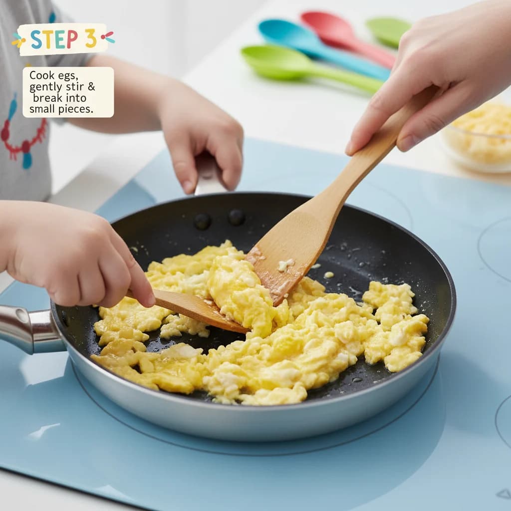 Step 3: Pour the egg mixture into the skillet. Cook, gently stirring with a spatula, until the eggs are just for Egg-cellent Cheesy Quesadilla Bites