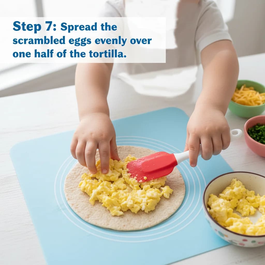 Step 7: Spread the scrambled eggs evenly over one half of the tortilla. for Egg-cellent Cheesy Quesadilla Bites