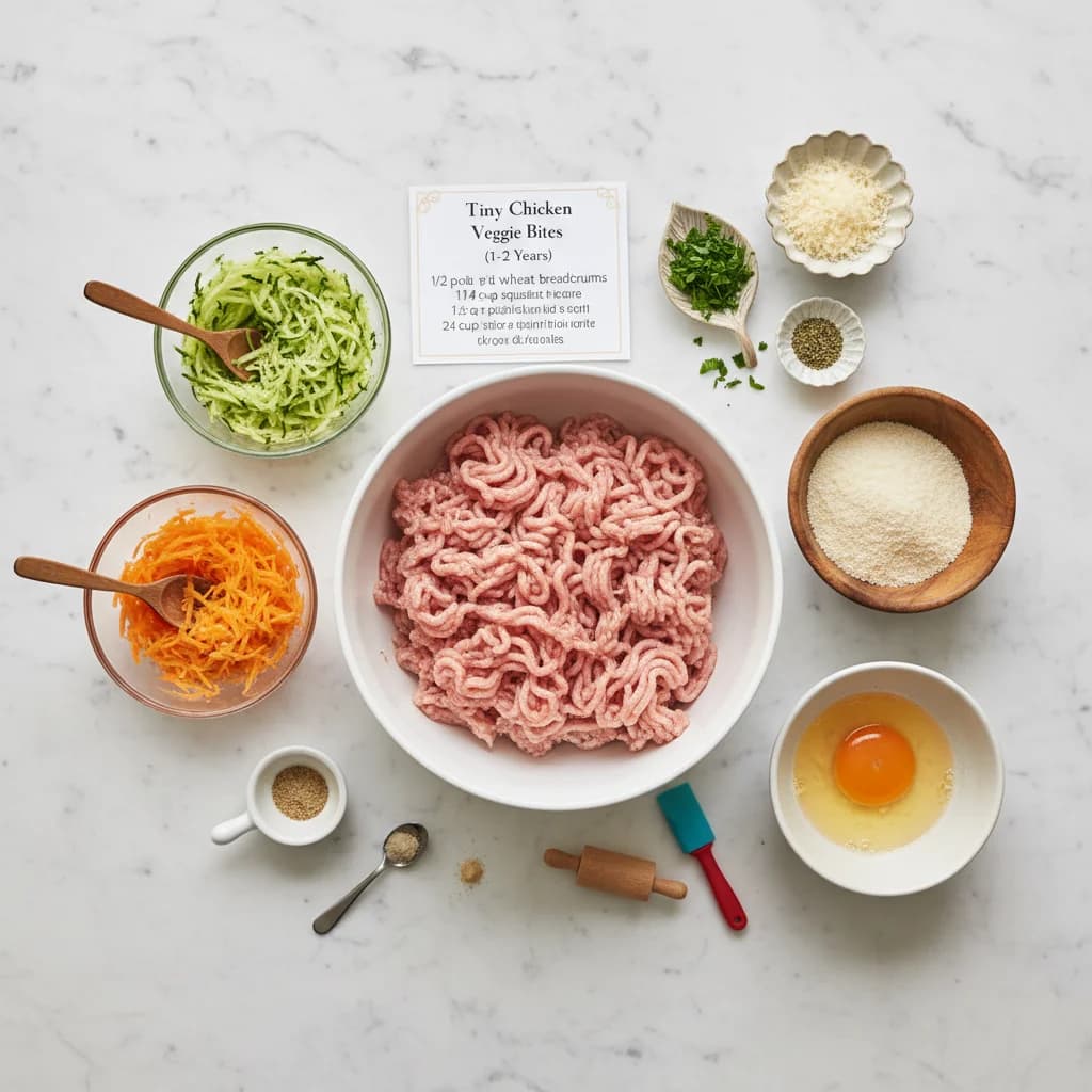 All ingredients needed for Tiny Chicken Veggie Bites arranged on a clean surface