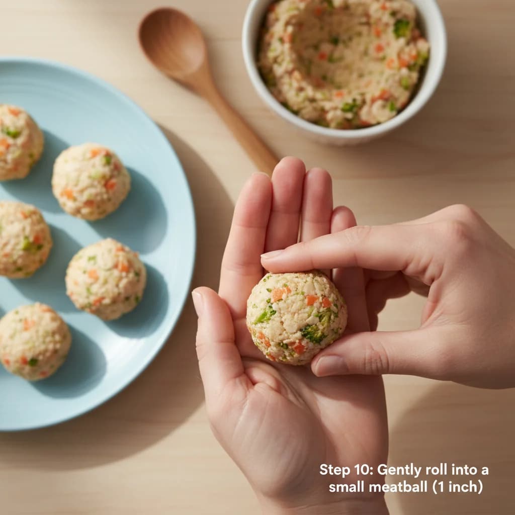 Step 10: Take about a tablespoon of the mixture and gently roll it into a small meatball, about 1 inch in dia for Tiny Chicken Veggie Bites