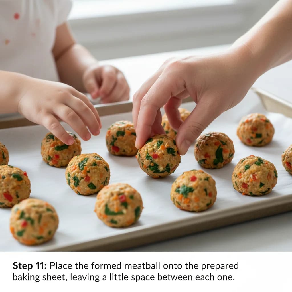 Step 11: Place the formed meatball onto the prepared baking sheet, leaving a little space between each one. for Tiny Chicken Veggie Bites