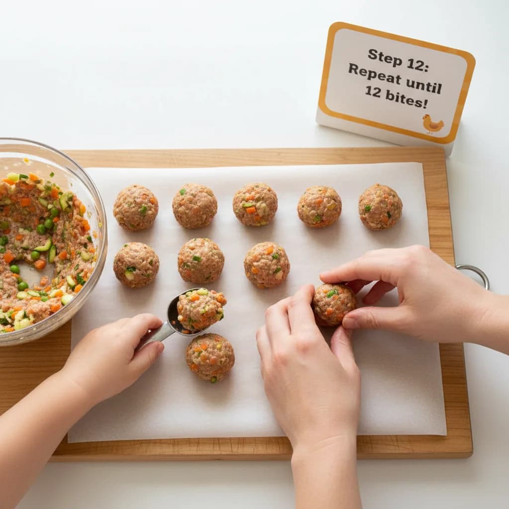 Step 12: Repeat steps 9 and 10 until all the meat mixture has been used, creating approximately 12 small meat for Tiny Chicken Veggie Bites