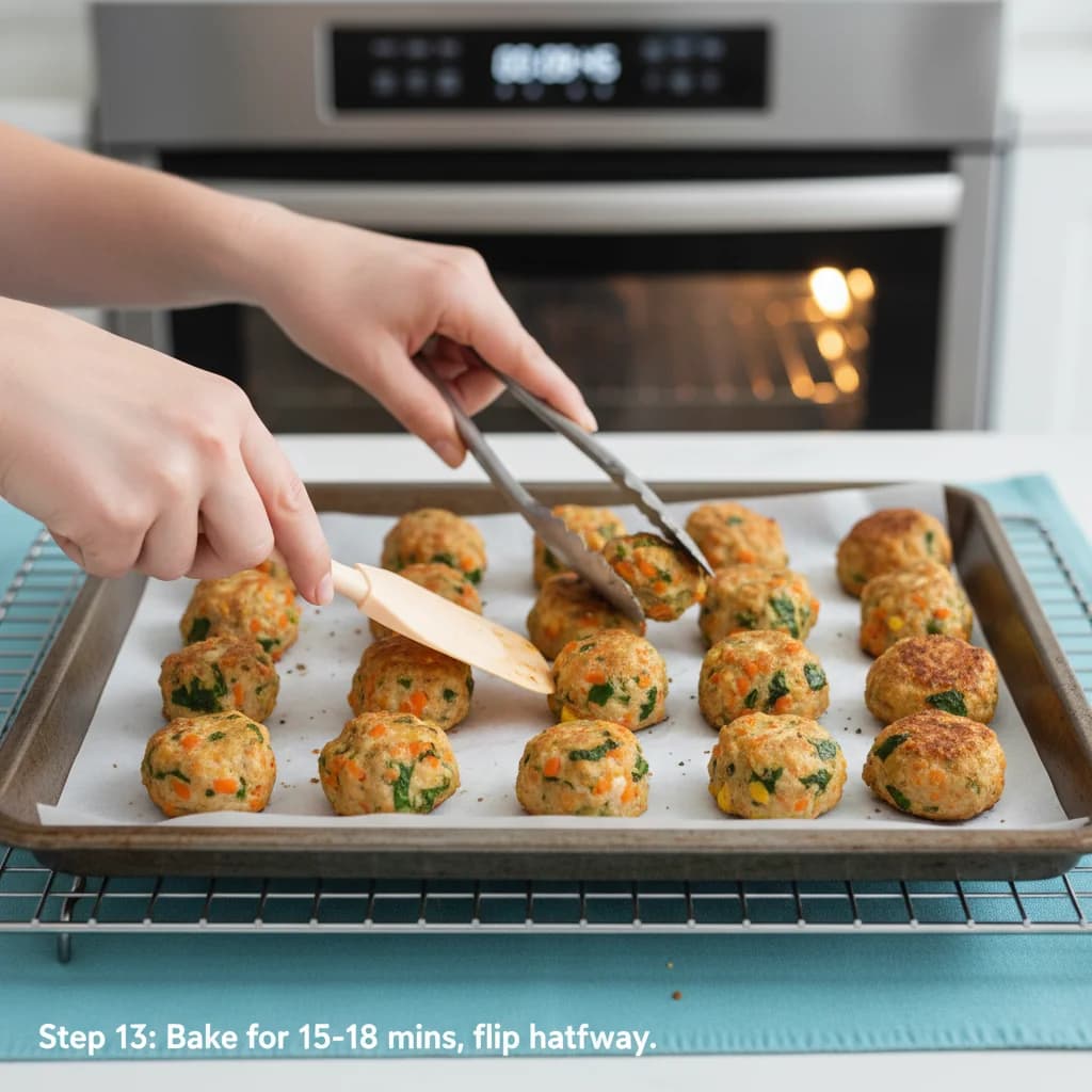 Step 13: Bake in the preheated oven for 15-18 minutes, flipping the meatballs halfway through the cooking tim for Tiny Chicken Veggie Bites