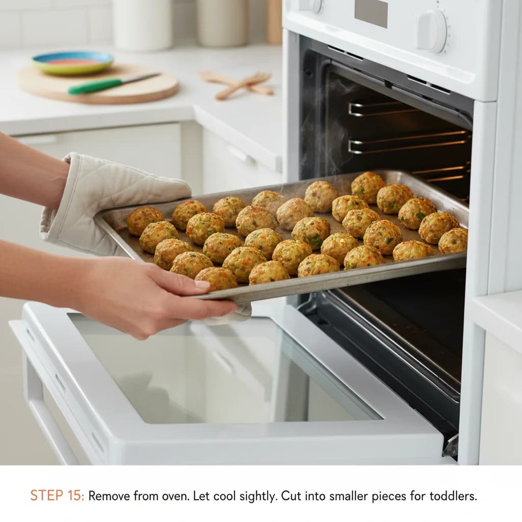 Step 15: Remove the baking sheet from the oven and let the meatballs cool slightly before serving. Cut into s for Tiny Chicken Veggie Bites