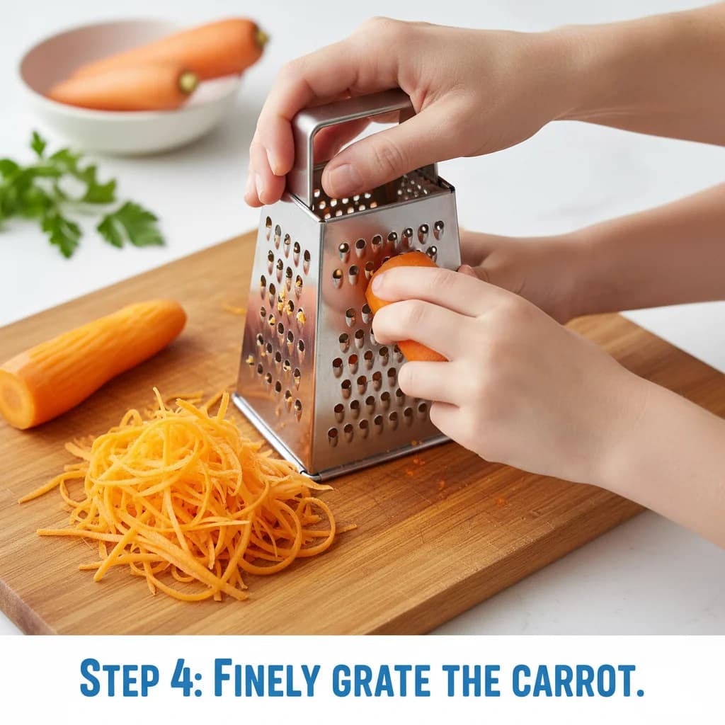 Step 4: Finely grate the carrot. for Tiny Chicken Veggie Bites