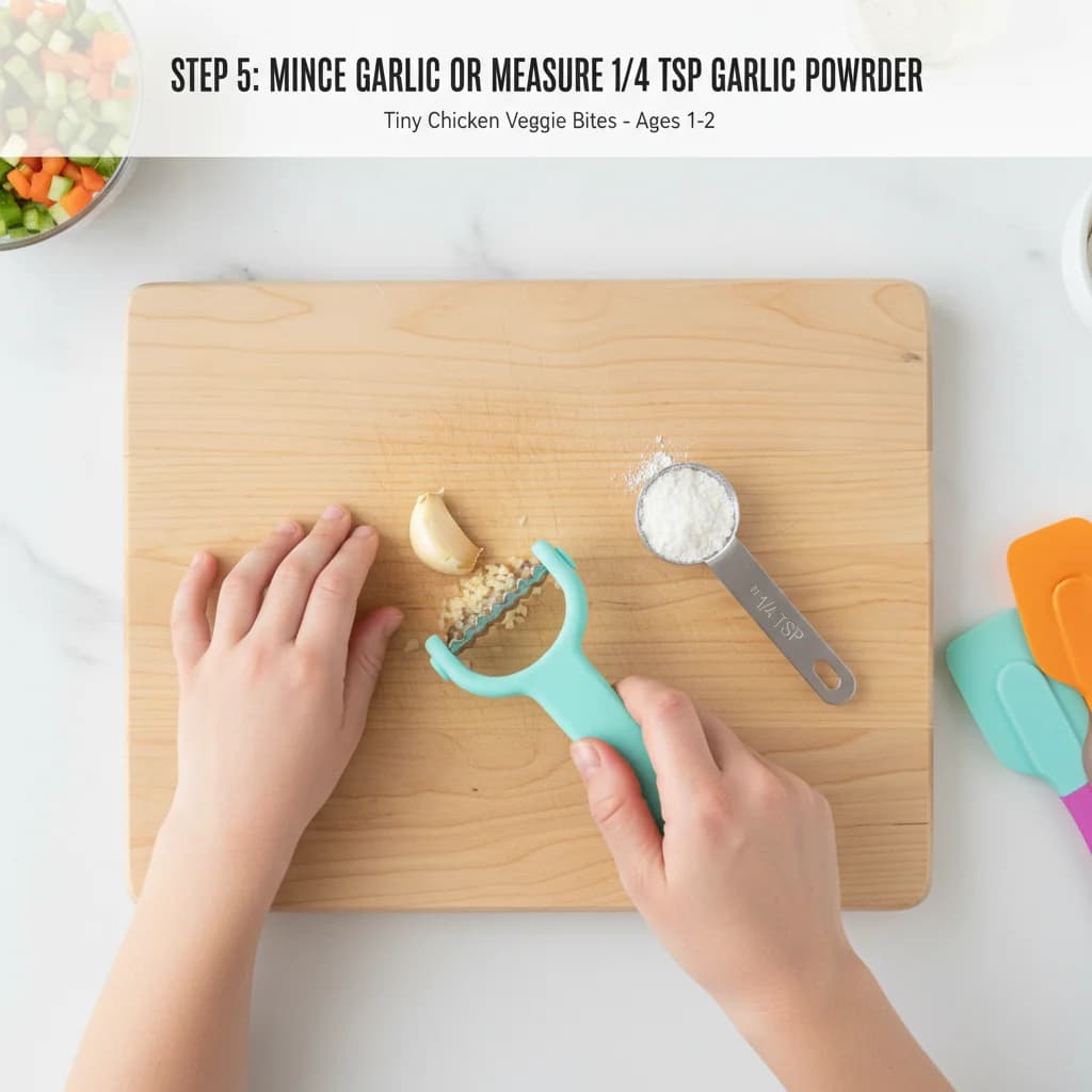 Step 5: Mince the garlic clove or measure out 1/4 teaspoon of garlic powder. for Tiny Chicken Veggie Bites