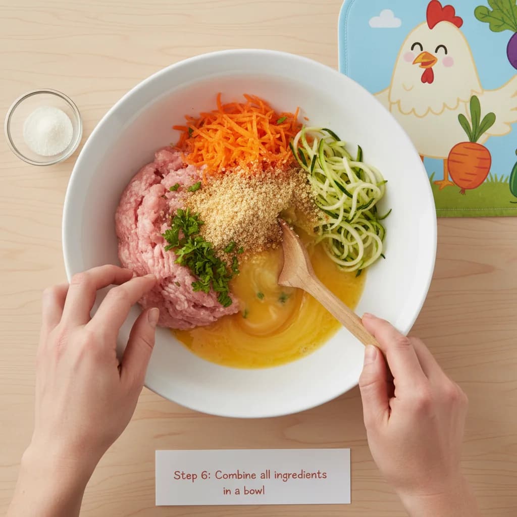 Step 6: In a medium-sized bowl, add the ground chicken, grated zucchini, grated carrot, minced garlic (or ga for Tiny Chicken Veggie Bites